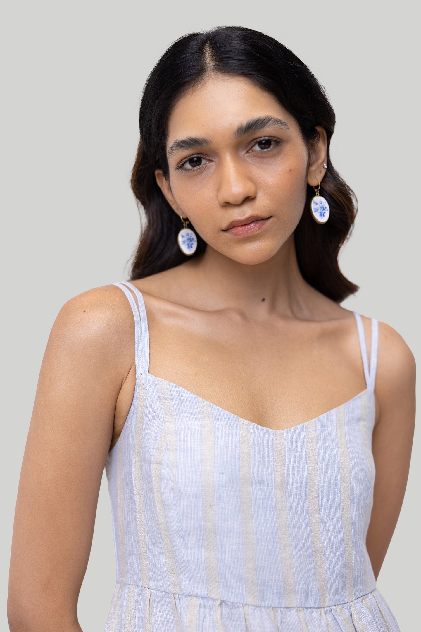 Strappy Gathered Midi Dress in Linen Stripes-DRESSES-Reistor-Textured Stripes-XS-Urbanheer