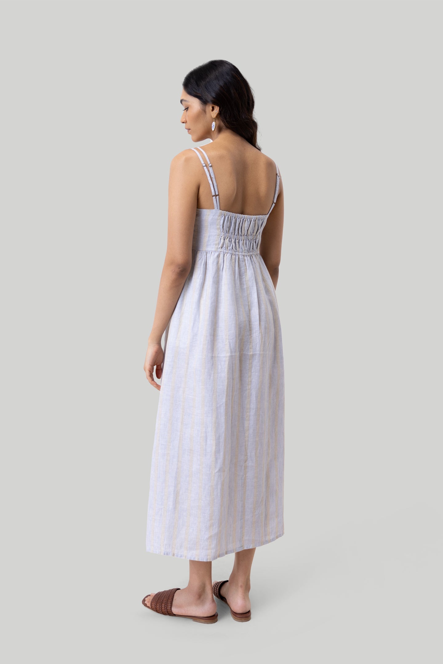 Strappy Gathered Midi Dress in Linen Stripes-DRESSES-Reistor-Textured Stripes-XS-Urbanheer
