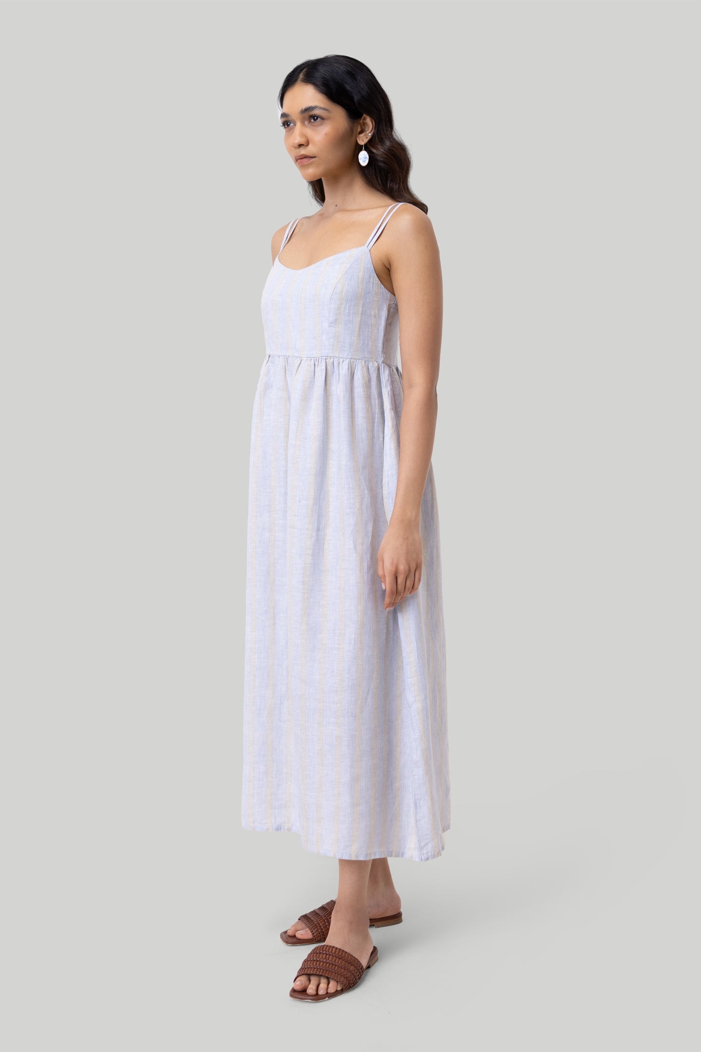 Strappy Gathered Midi Dress in Linen Stripes-DRESSES-Reistor-Textured Stripes-XS-Urbanheer
