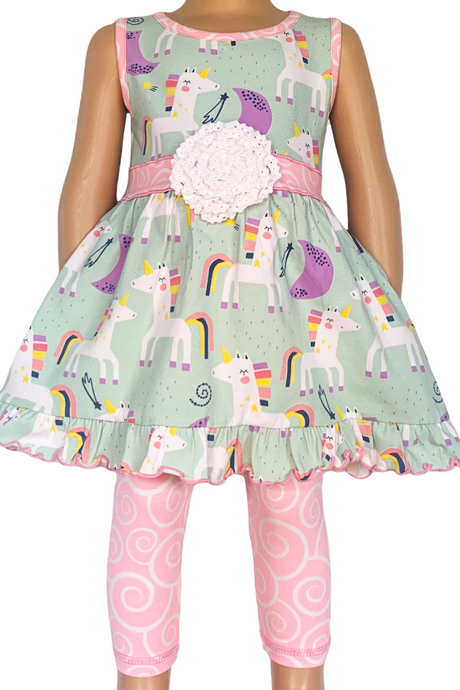 Annloren Little & Big Girls Unicorns Rainbow Dress & Pink Swirl Leggings Outfit-AnnLoren-Urbanheer