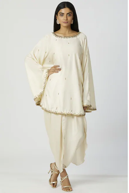 Embellished Kaftan Dhoti Pant Set In Off-White-Bohame-XS-Off-White-5' - 5'3"-Urbanheer