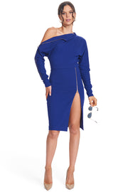 Josefa Asymmetric Dress - Long Sleeve Convertible Midi Dress With Gold-Simona Maghen-10-Royal Blue-Urbanheer