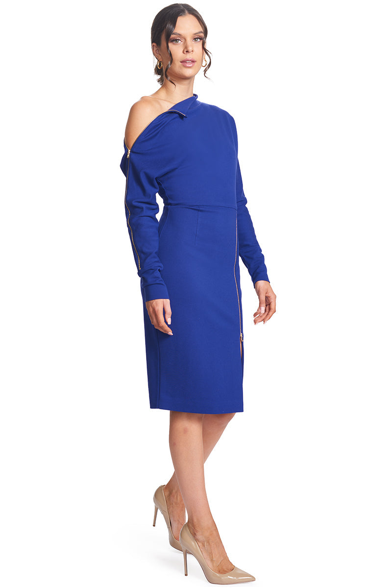 Josefa Asymmetric Dress - Long Sleeve Convertible Midi Dress With Gold-Simona Maghen-10-Royal Blue-Urbanheer