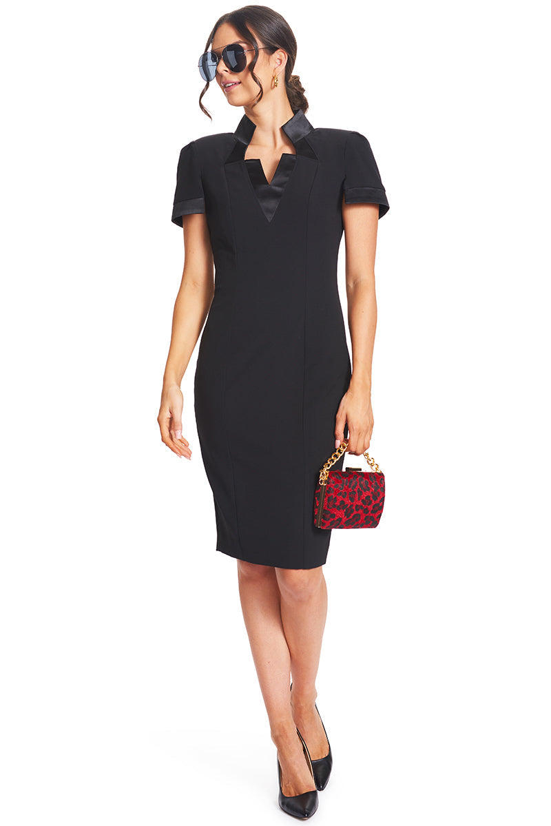 Top Notch Dress - Notch Neck High Collar Sheath Dress With Contrast-Simona Maghen-10-Black-Urbanheer