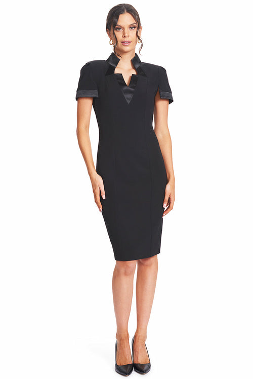 Top Notch Dress - Notch Neck High Collar Sheath Dress With Contrast-Simona Maghen-4-Black-Urbanheer
