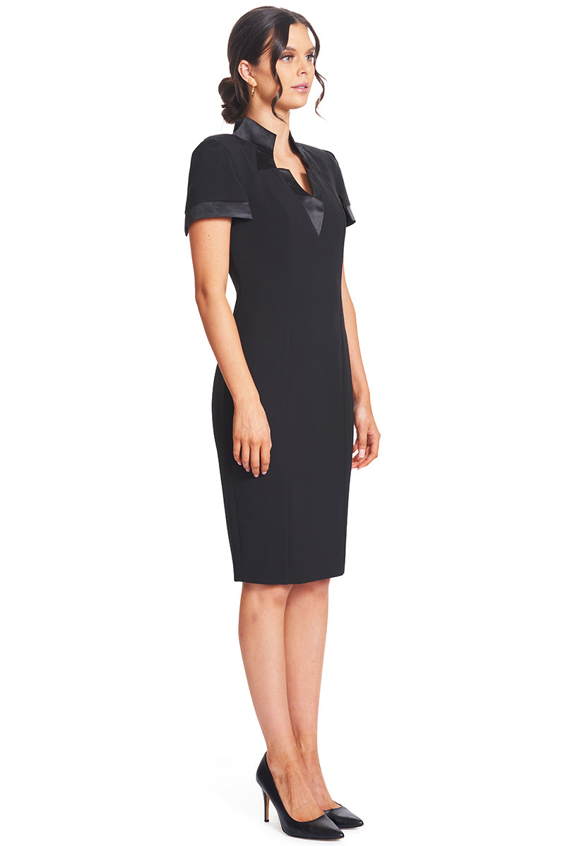 Top Notch Dress - Notch Neck High Collar Sheath Dress With Contrast-Simona Maghen-10-Black-Urbanheer