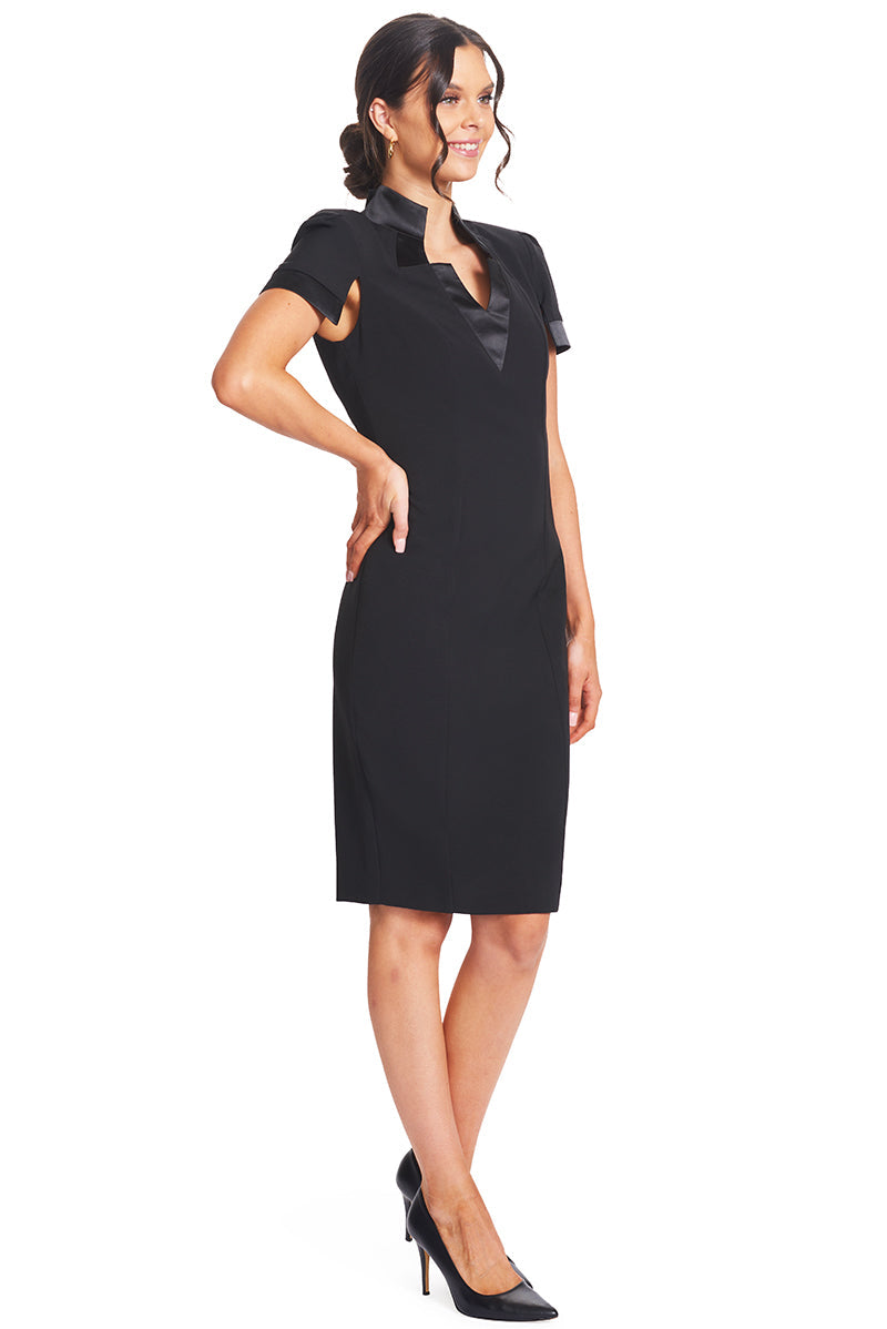Top Notch Dress - Notch Neck High Collar Sheath Dress With Contrast-Simona Maghen-10-Black-Urbanheer