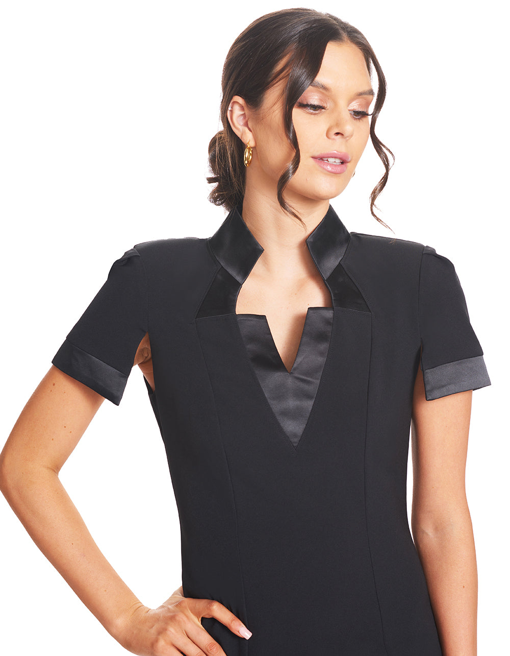 Top Notch Dress - Notch Neck High Collar Sheath Dress With Contrast-Simona Maghen-10-Black-Urbanheer