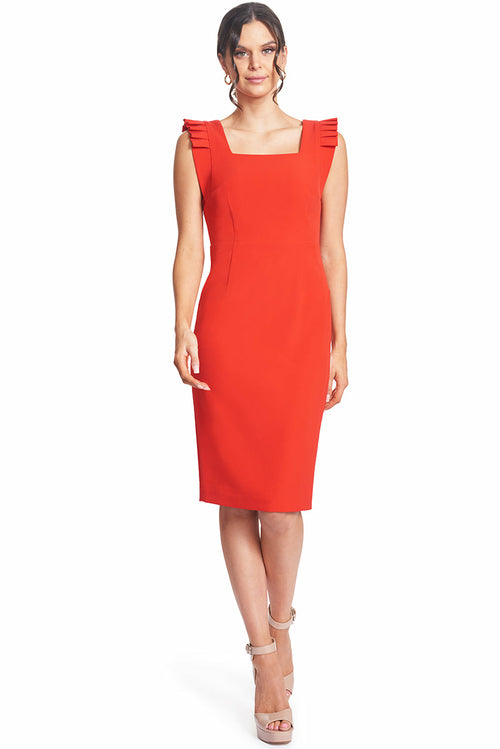 Monarch Dress - Midi Dress With Square Neck And Pleated Shoulder-Simona Maghen-10-Red-Urbanheer