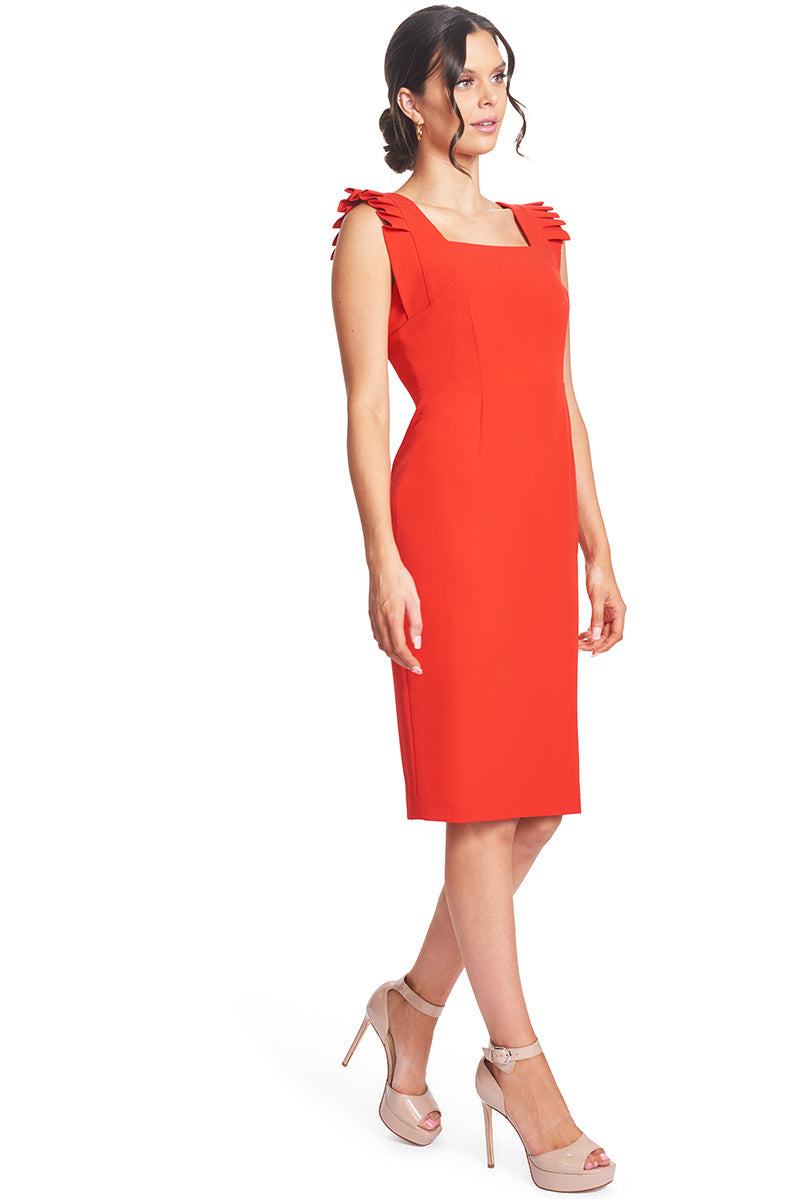 Monarch Dress - Midi Dress With Square Neck And Pleated Shoulder-Simona Maghen-10-Red-Urbanheer