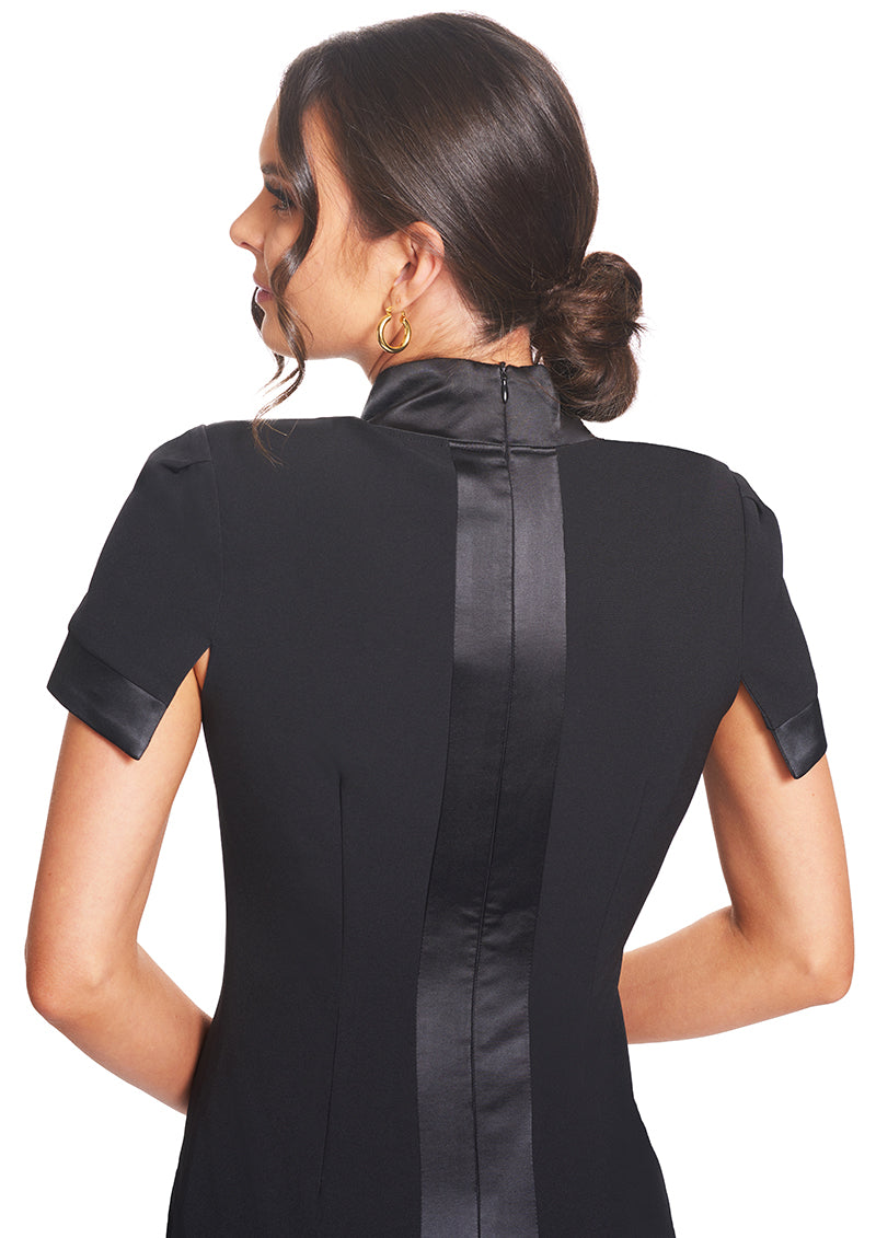 Top Notch Dress - Notch Neck High Collar Sheath Dress With Contrast-Simona Maghen-10-Black-Urbanheer