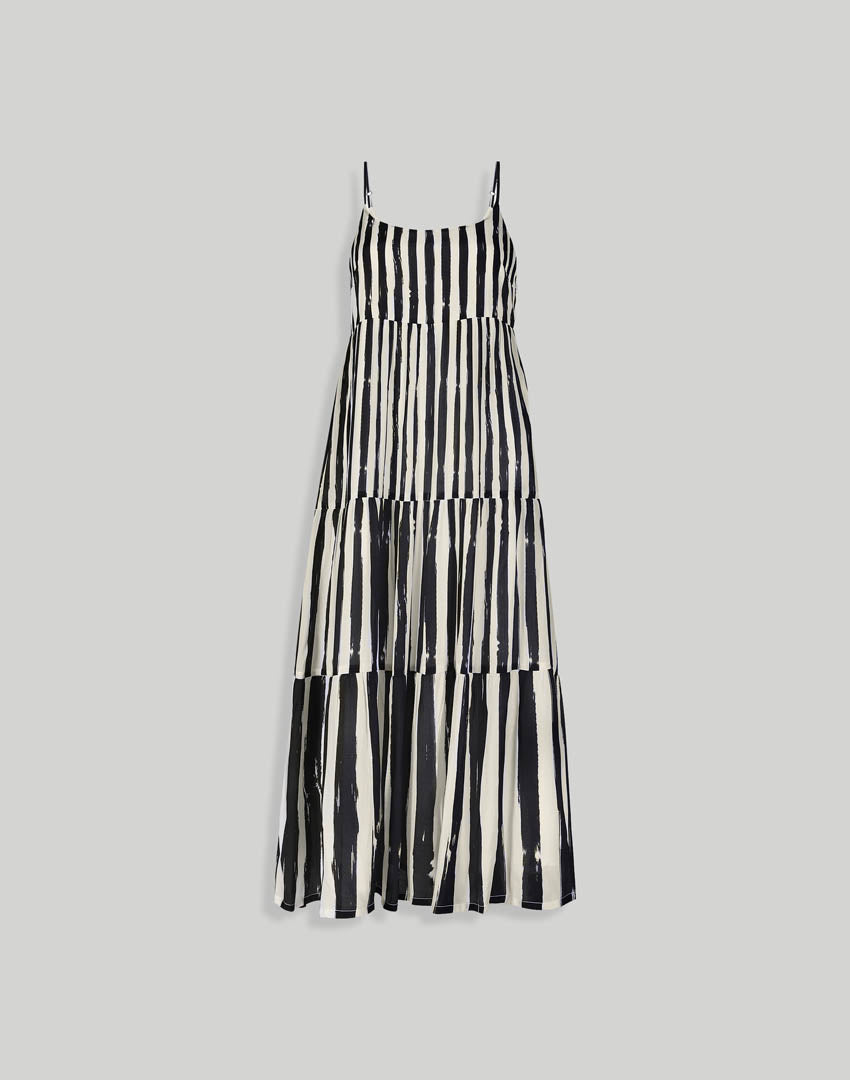 Strappy Tiered Maxi Dress in Black Stripes-DRESSES-Reistor-Striped Down-XS-Urbanheer