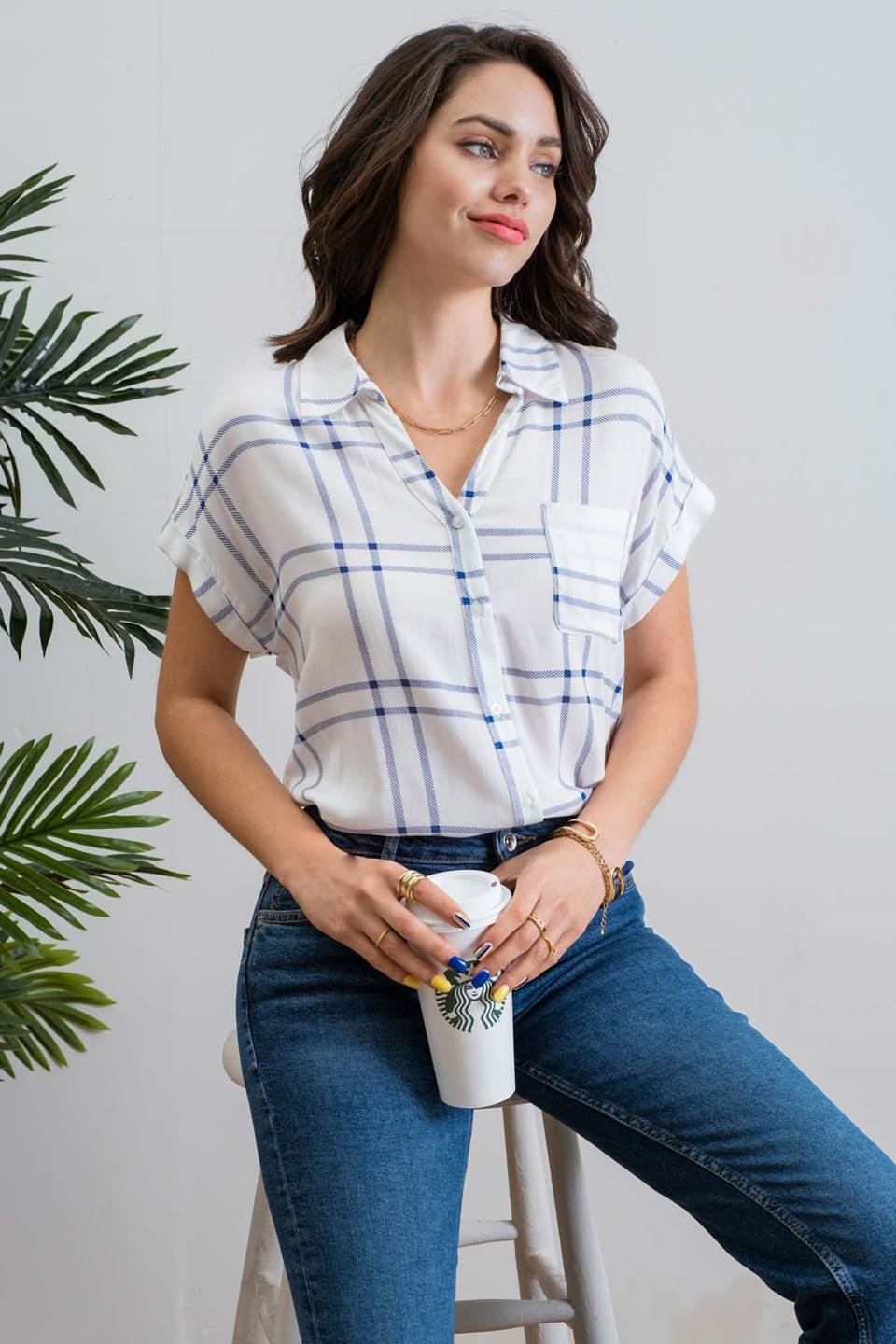 Rolled Short Sleeve Woven Top-Blu Pepper-S-Urbanheer