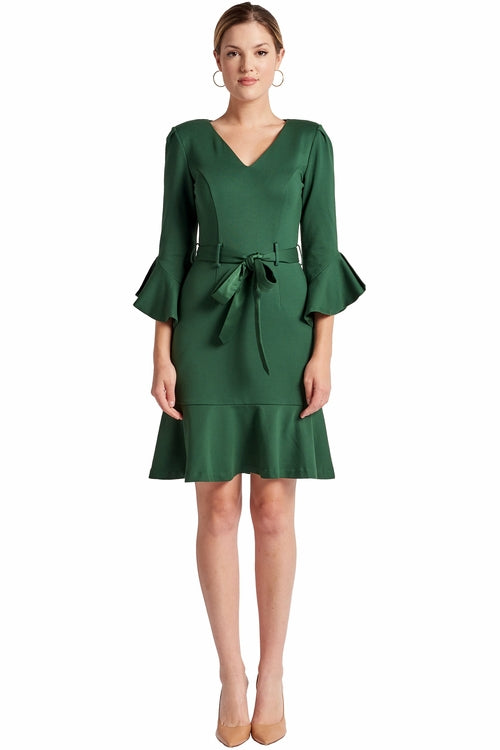 Tayte Dress - V-neck 3/4 sleeve dress with ruffle accents and self-Simona Maghen-10-Forest Green-Urbanheer