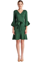Tayte Dress - V-neck 3/4 sleeve dress with ruffle accents and self