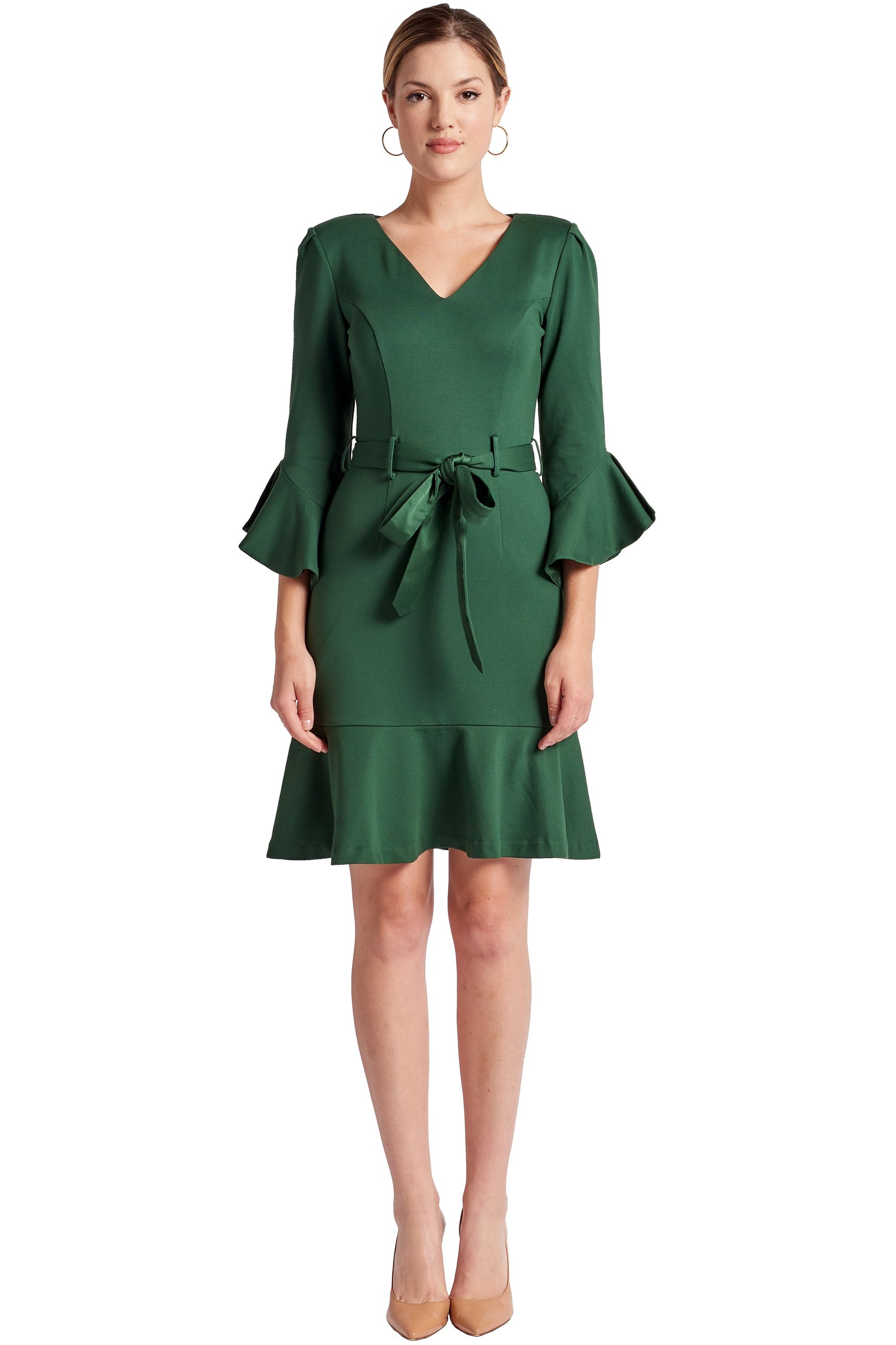 Tayte Dress - V-neck 3/4 sleeve dress with ruffle accents and self-Simona Maghen-10-Forest Green-Urbanheer