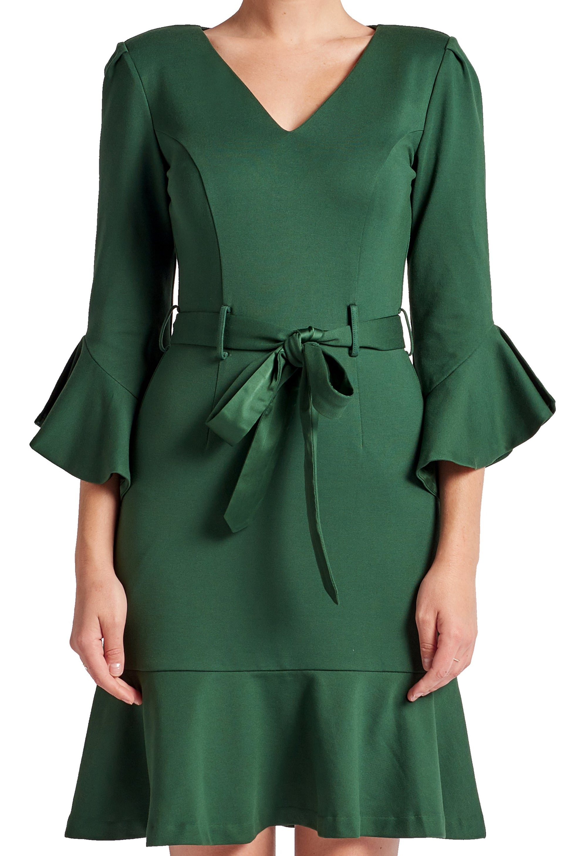 Tayte Dress - V-neck 3/4 sleeve dress with ruffle accents and self-Simona Maghen-10-Forest Green-Urbanheer