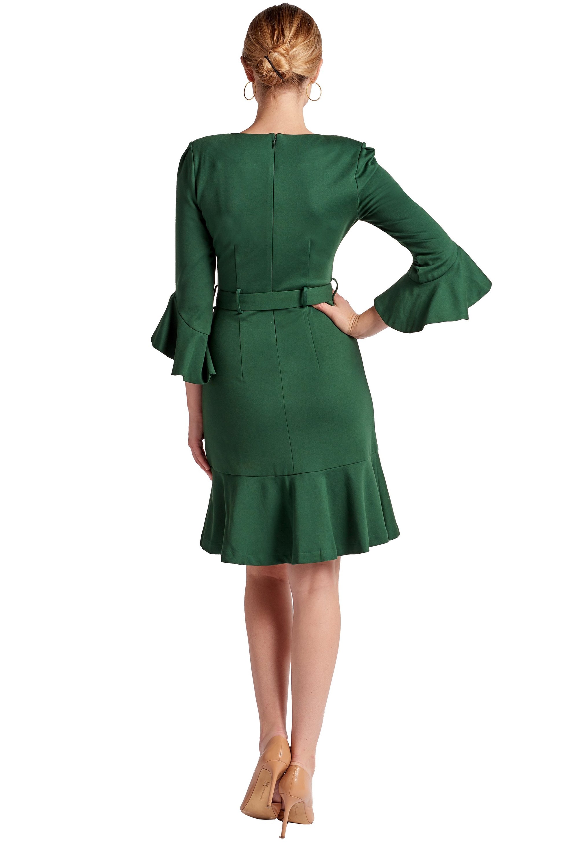 Tayte Dress - V-neck 3/4 sleeve dress with ruffle accents and self-Simona Maghen-10-Forest Green-Urbanheer