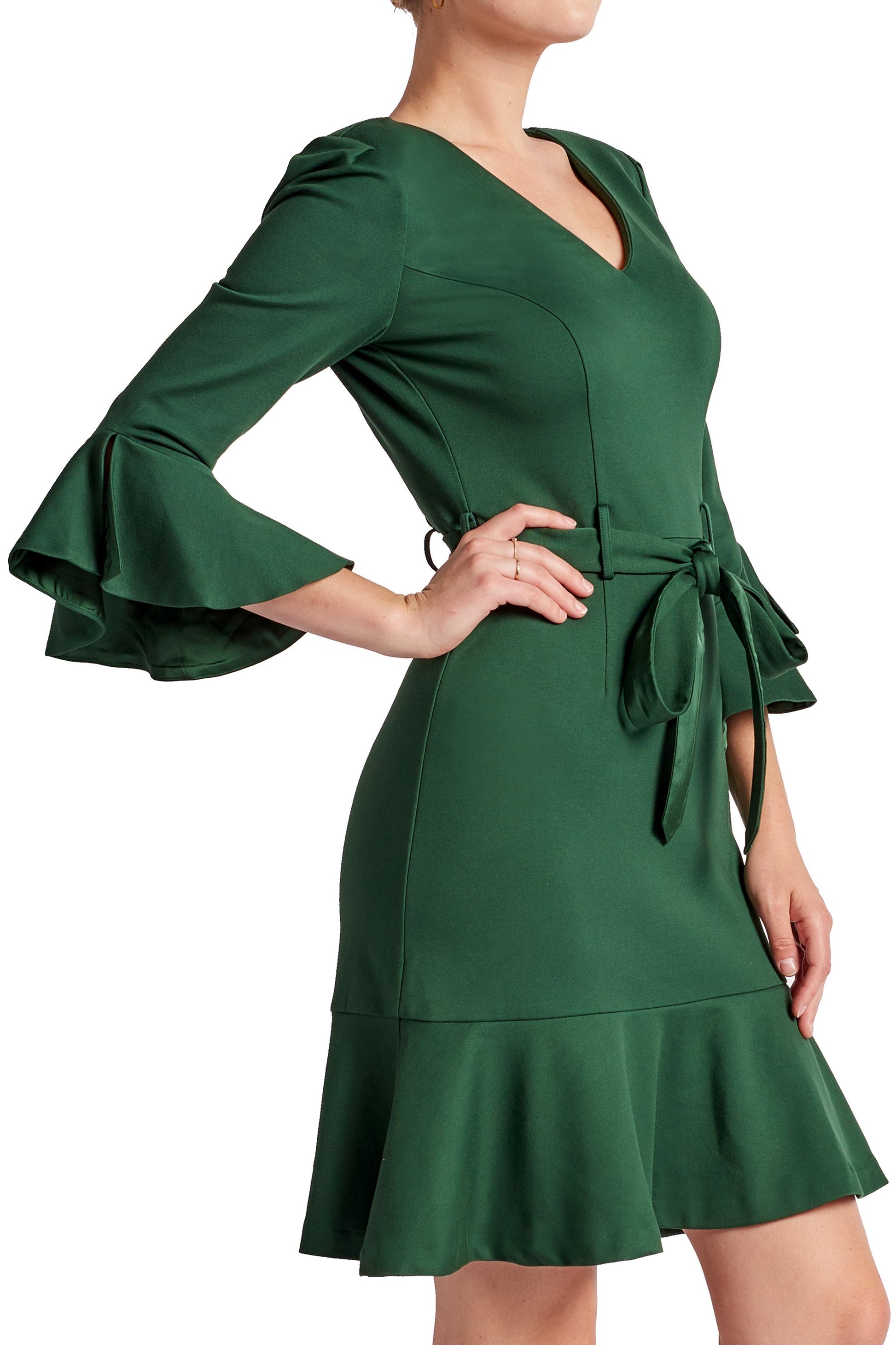 Tayte Dress - V-neck 3/4 sleeve dress with ruffle accents and self-Simona Maghen-10-Forest Green-Urbanheer