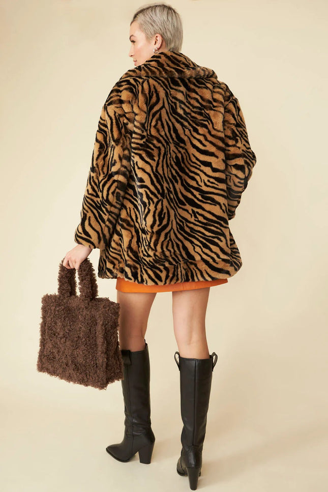 Tiger Print Mocha Faux Fur Midi Coat-Faux Fur Coats-Buy Me Fur Ltd-One Size-Mocha-Faux Fur-Urbanheer