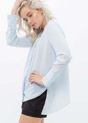 Women's Sheer Placket Hi Lo Blouse-Lemon Hera-L-Cloud Blue-Urbanheer