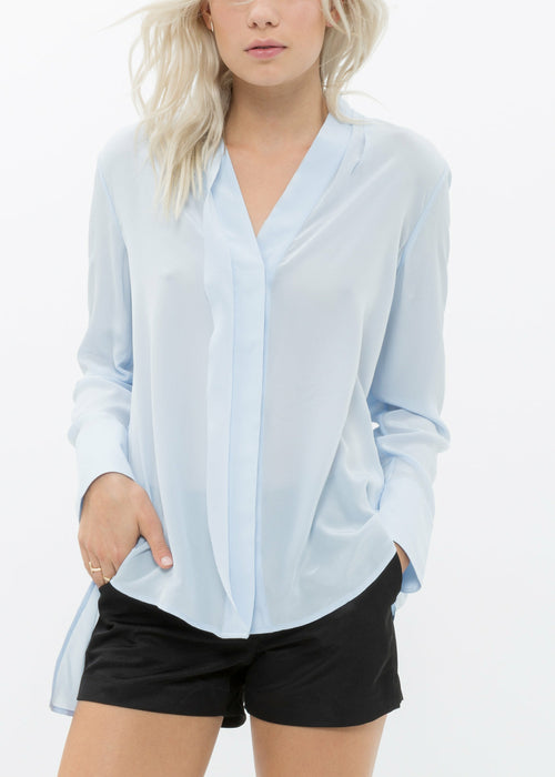 Women's Sheer Placket Hi Lo Blouse-Lemon Hera-L-Cloud Blue-Urbanheer