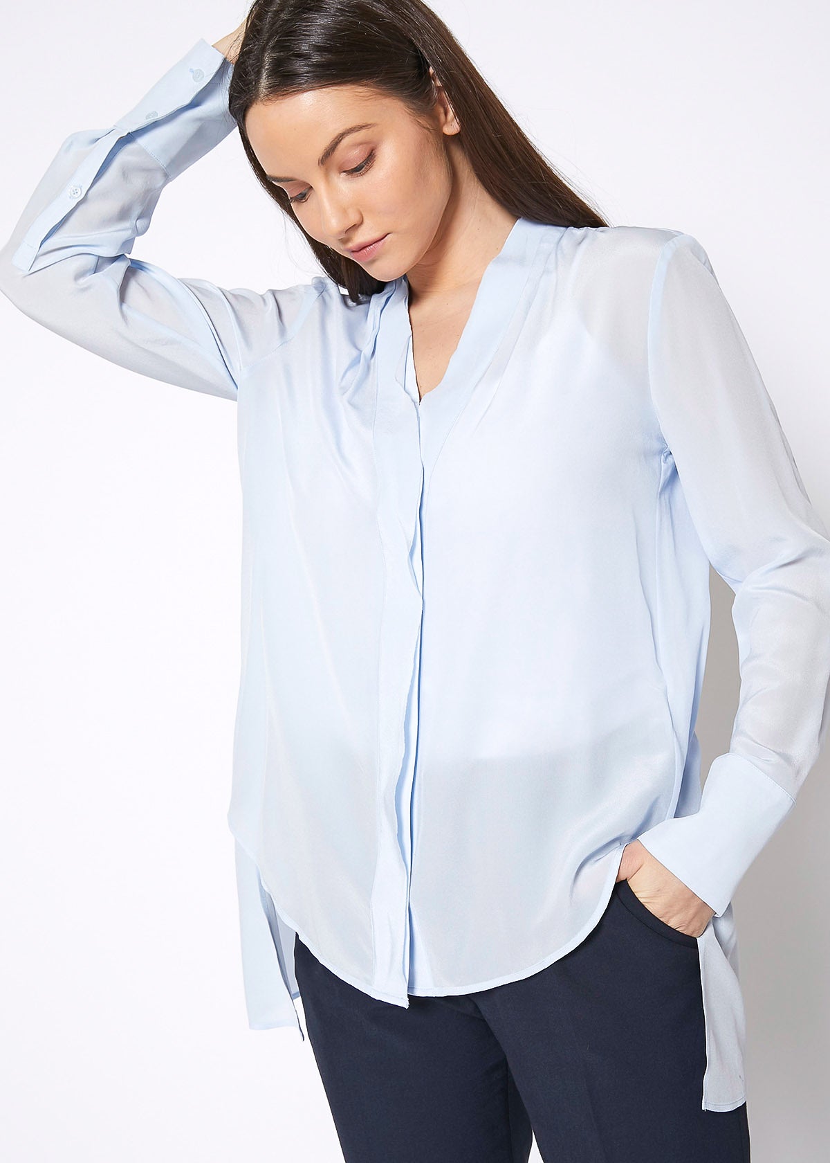 Women's Sheer Placket Hi Lo Blouse-Lemon Hera-L-Cloud Blue-Urbanheer