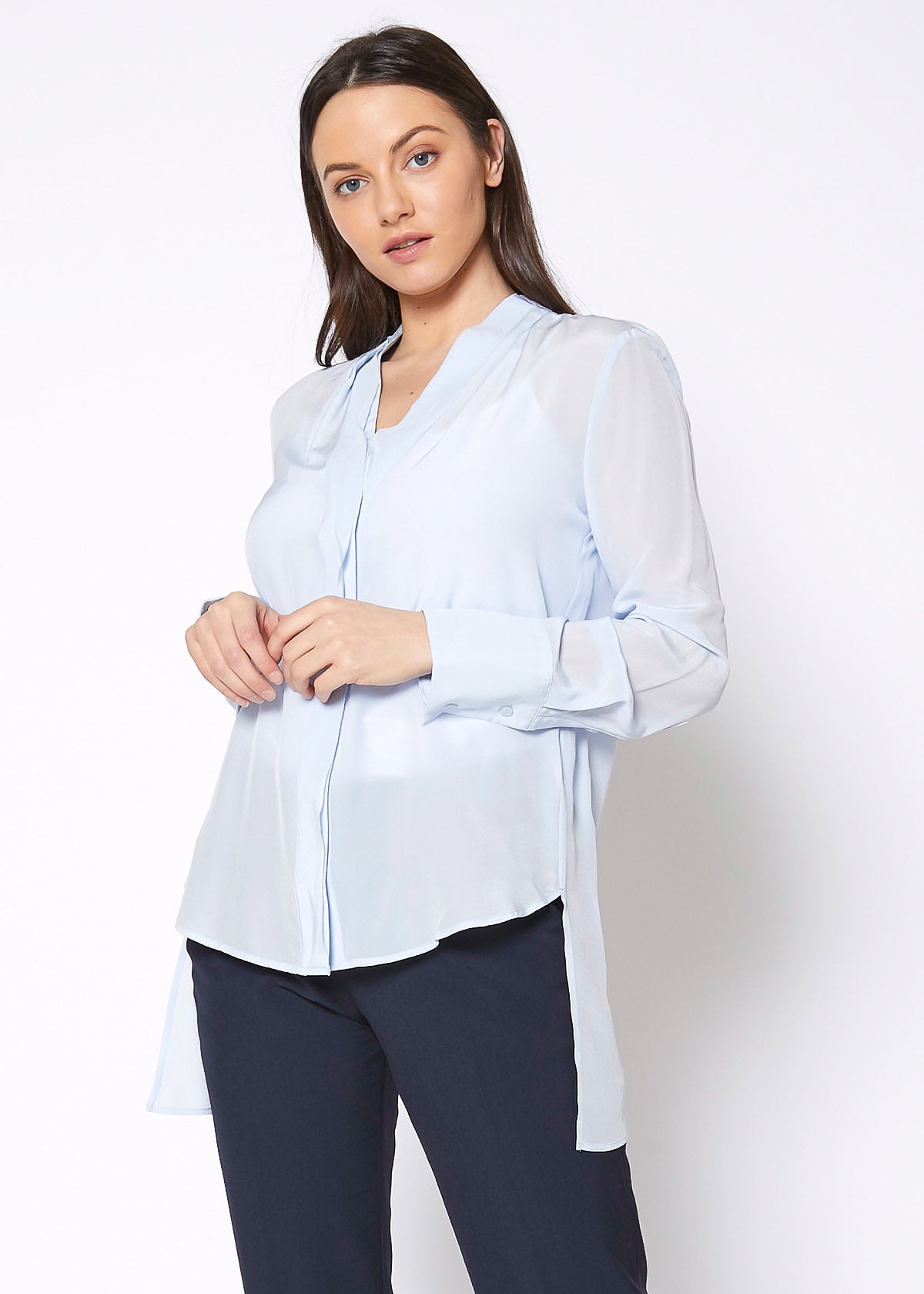 Women's Sheer Placket Hi Lo Blouse-Lemon Hera-L-Cloud Blue-Urbanheer