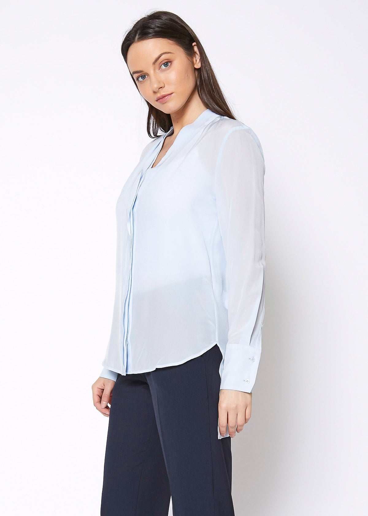Women's Sheer Placket Hi Lo Blouse-Lemon Hera-L-Cloud Blue-Urbanheer