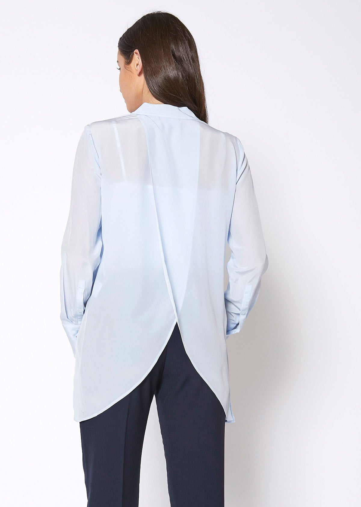 Women's Sheer Placket Hi Lo Blouse-Lemon Hera-L-Cloud Blue-Urbanheer