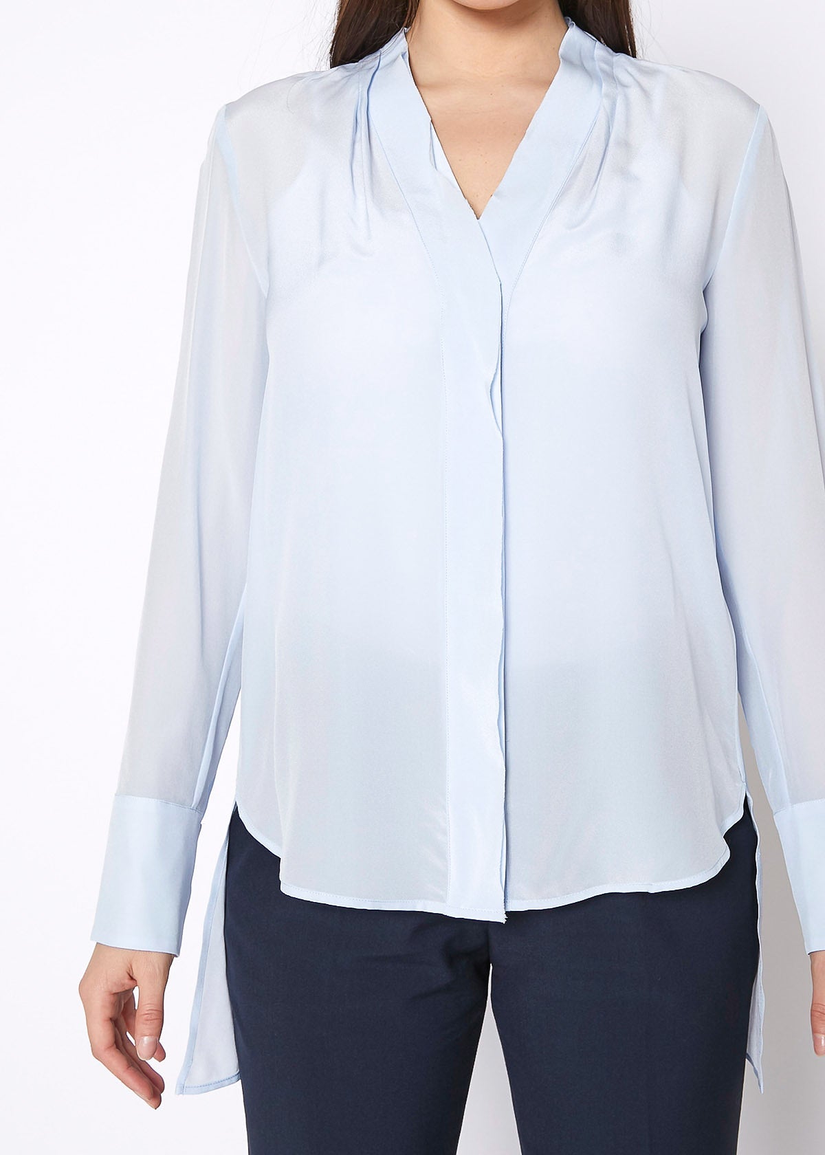 Women's Sheer Placket Hi Lo Blouse-Lemon Hera-L-Cloud Blue-Urbanheer