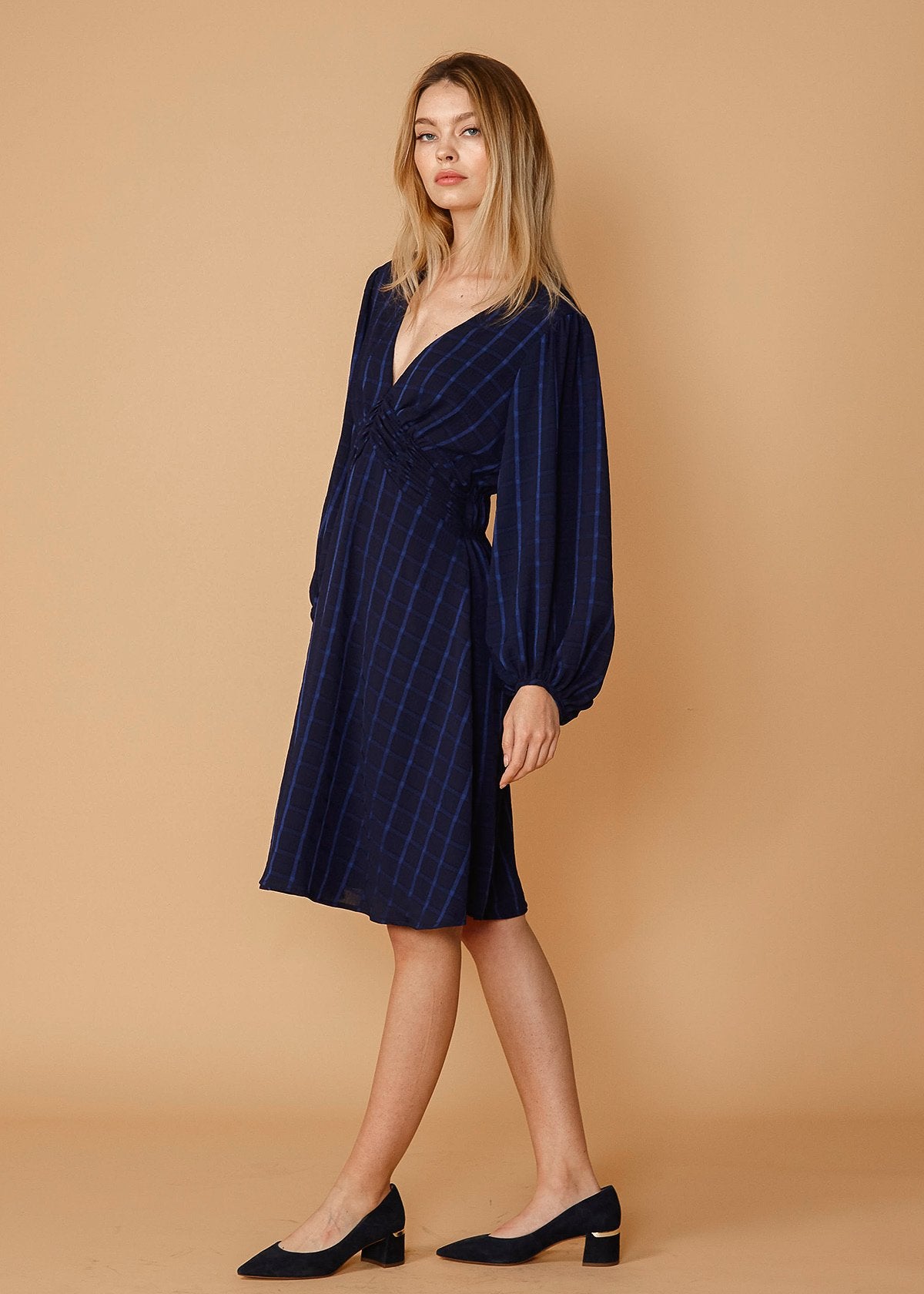 V-Neck Checkered Dress In Nightplaid-Lemon Hera-L-Nigh plaid-Urbanheer