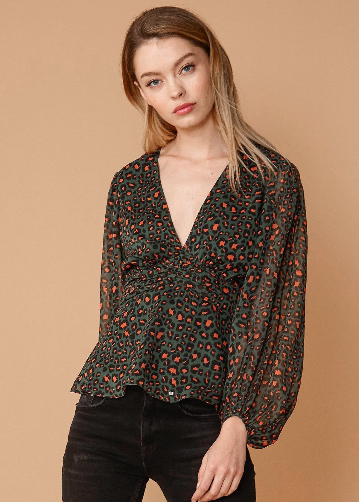 V-Neck Puff Sleeve Blouse In Leopard Hunt-Lemon Hera-L-Leopard hunt-Urbanheer