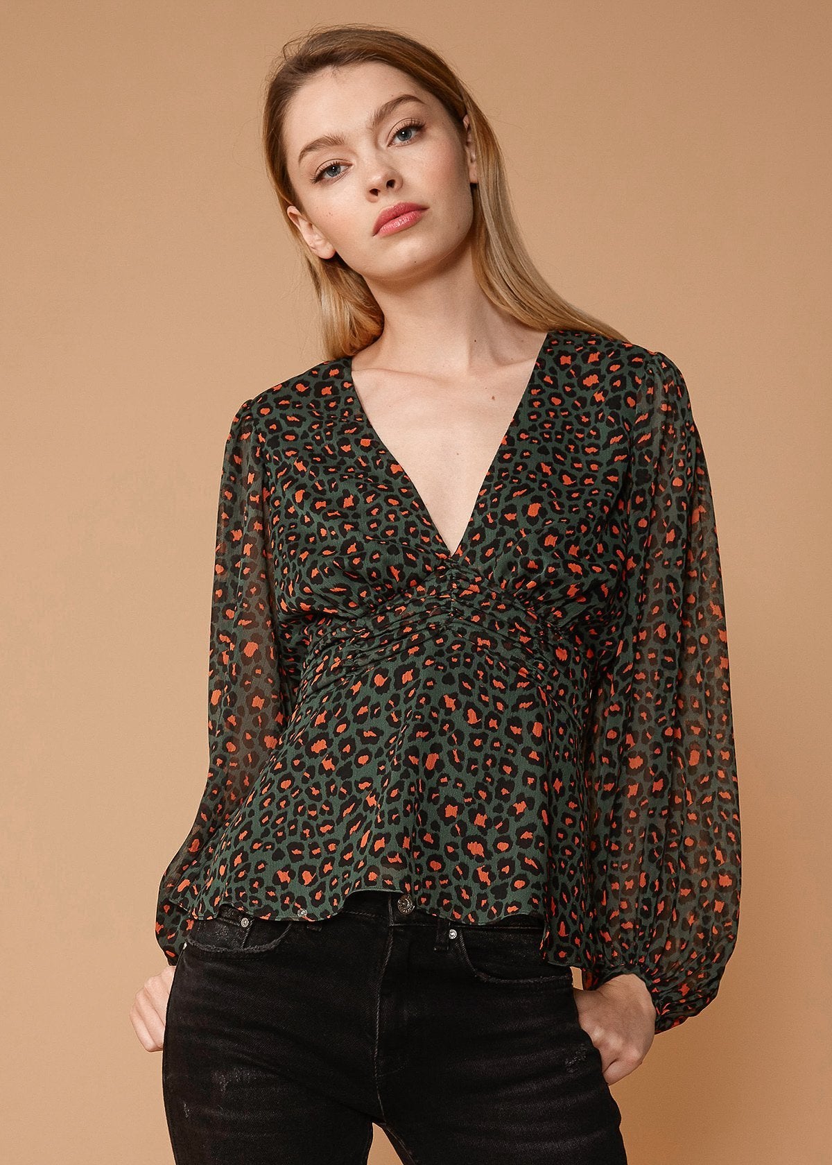 V-Neck Puff Sleeve Blouse In Leopard Hunt-Lemon Hera-L-Leopard hunt-Urbanheer