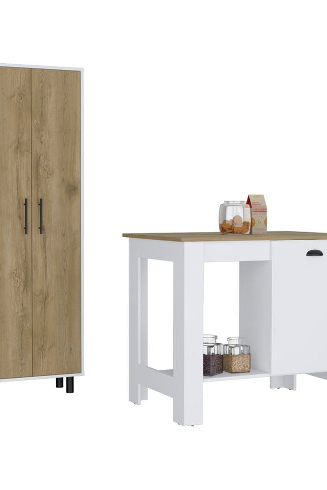 Arlington 2 Piece Kitchen Set, Kitchen Island + Pantry Cabinet, White / Light Oak Finish-We Have Furniture-Urbanheer