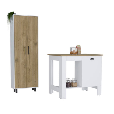 Arlington 2 Piece Kitchen Set, Kitchen Island + Pantry Cabinet, White / Light Oak Finish-1