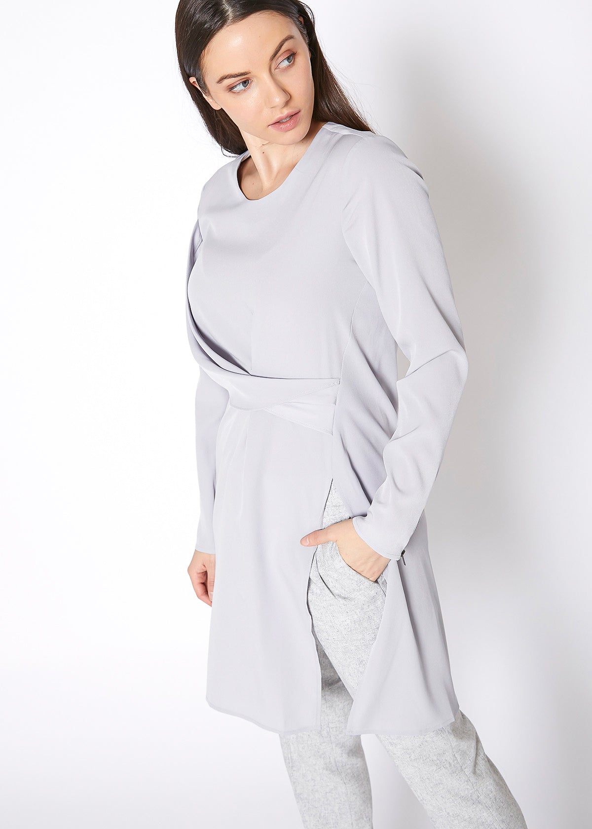 Slit Hem Twist Front Dress-Lemon Hera-L-Dove Silver-Urbanheer