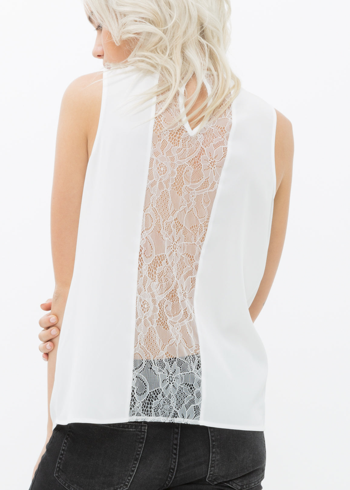 Women'S Sleeveless Round Neck Lace Detail Top-Lemon Hera-L-Ivory-Urbanheer