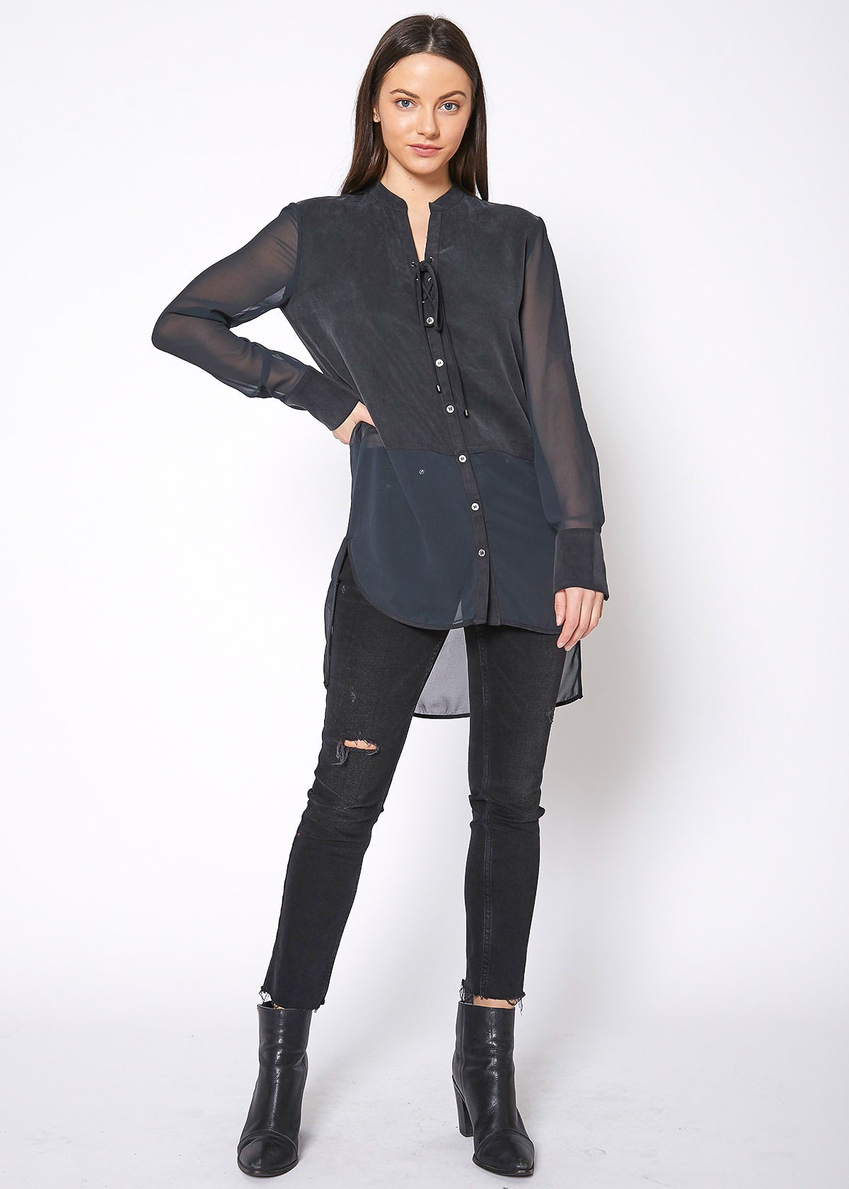 Women'S Mesh Contrast Button Up Shirt In Black-Lemon Hera-L-Urbanheer