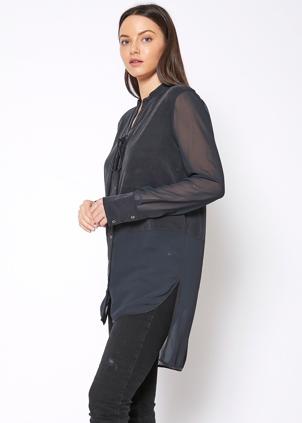 Women'S Mesh Contrast Button Up Shirt In Black-Lemon Hera-L-Urbanheer