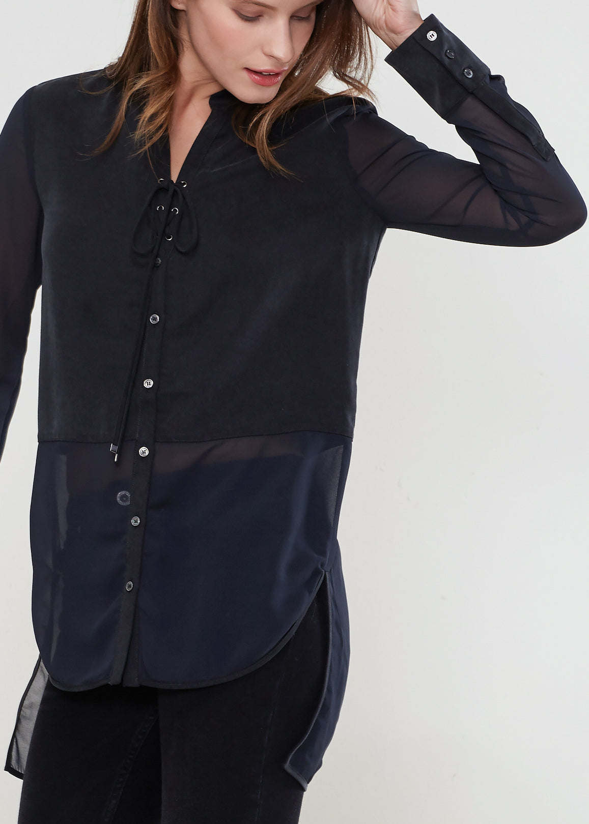 Women'S Mesh Contrast Button Up Shirt In Black-Lemon Hera-L-Urbanheer