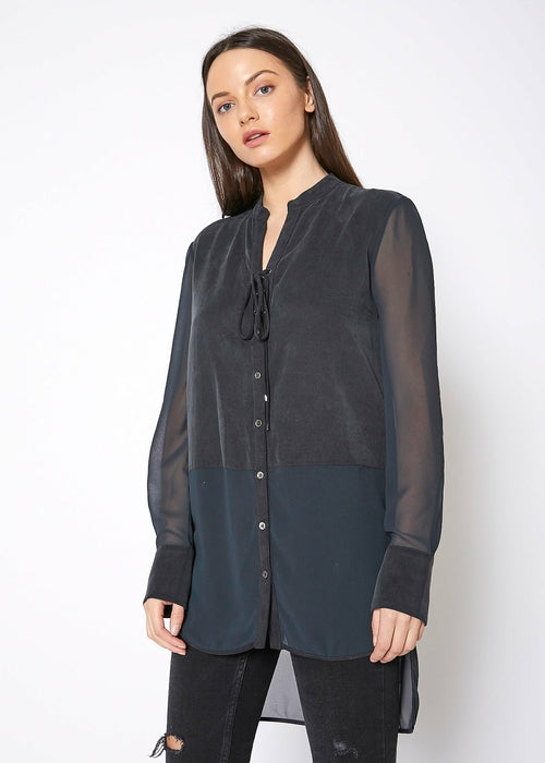 Women'S Mesh Contrast Button Up Shirt In Black-Lemon Hera-L-Urbanheer