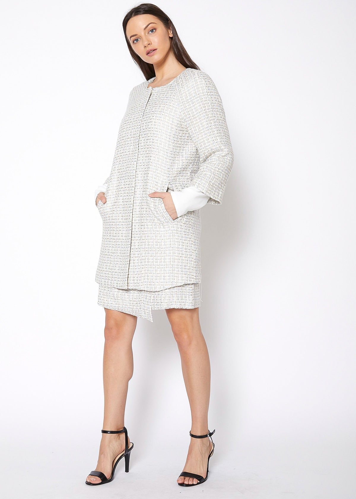 Women's Basket Tweed Longline Jacket In Powdered Blue-Lemon Hera-L-Urbanheer