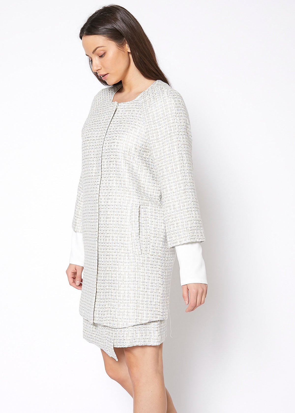 Women's Basket Tweed Longline Jacket In Powdered Blue-Lemon Hera-L-Urbanheer