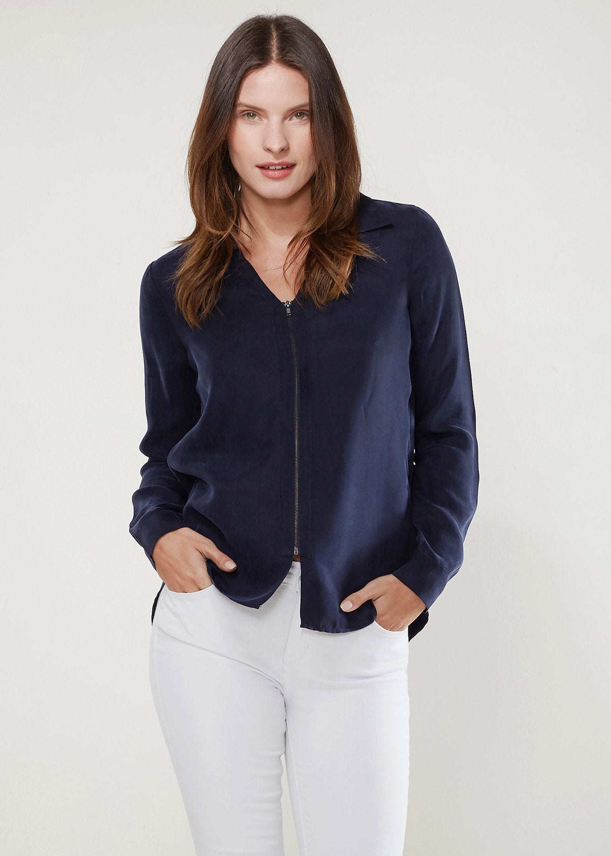 Women'S Zip Up Shirt Blouse In Midnight Pool-Lemon Hera-L-Urbanheer