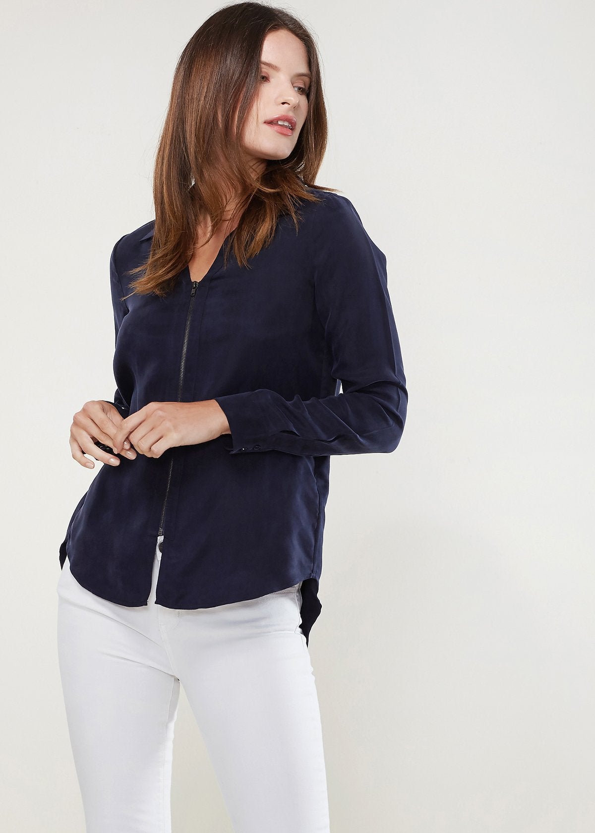 Women'S Zip Up Shirt Blouse In Midnight Pool-Lemon Hera-L-Urbanheer