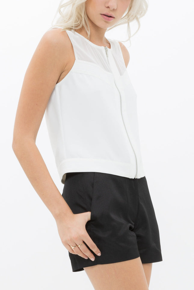 Sleeveless Zip Up Mesh Contrast Blouse In Ivory