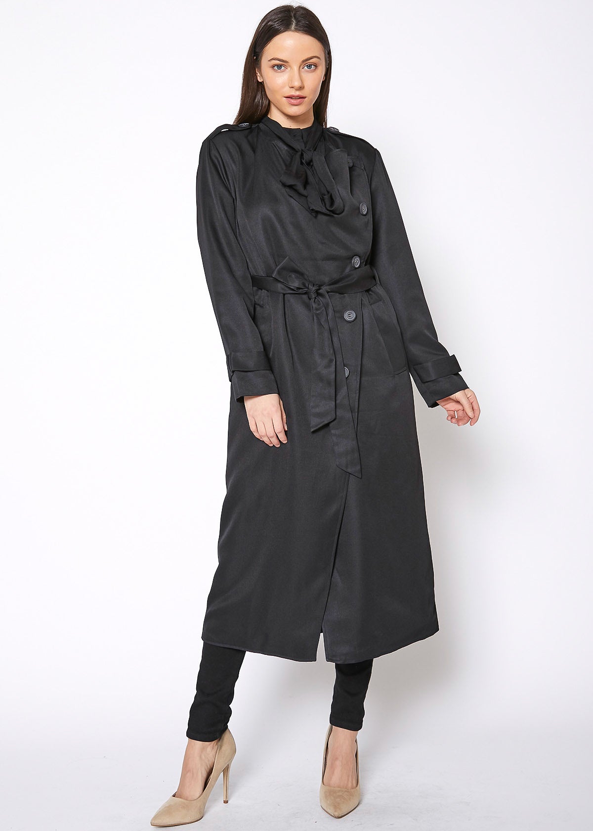 Women's Tie Waist Maxi Trench Coat-Lemon Hera-L-Black-Urbanheer
