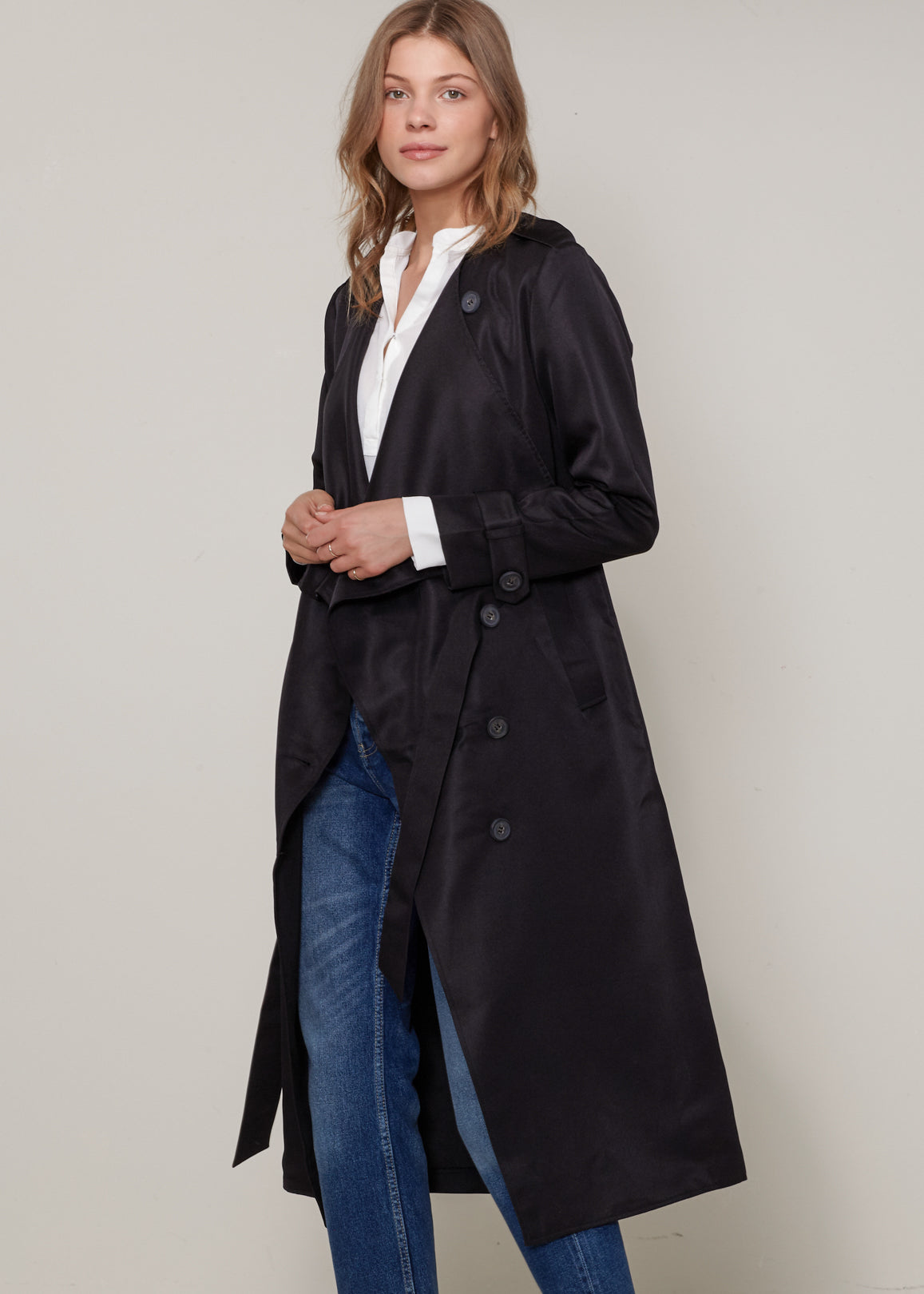 Women's Tie Waist Maxi Trench Coat-Lemon Hera-L-Black-Urbanheer