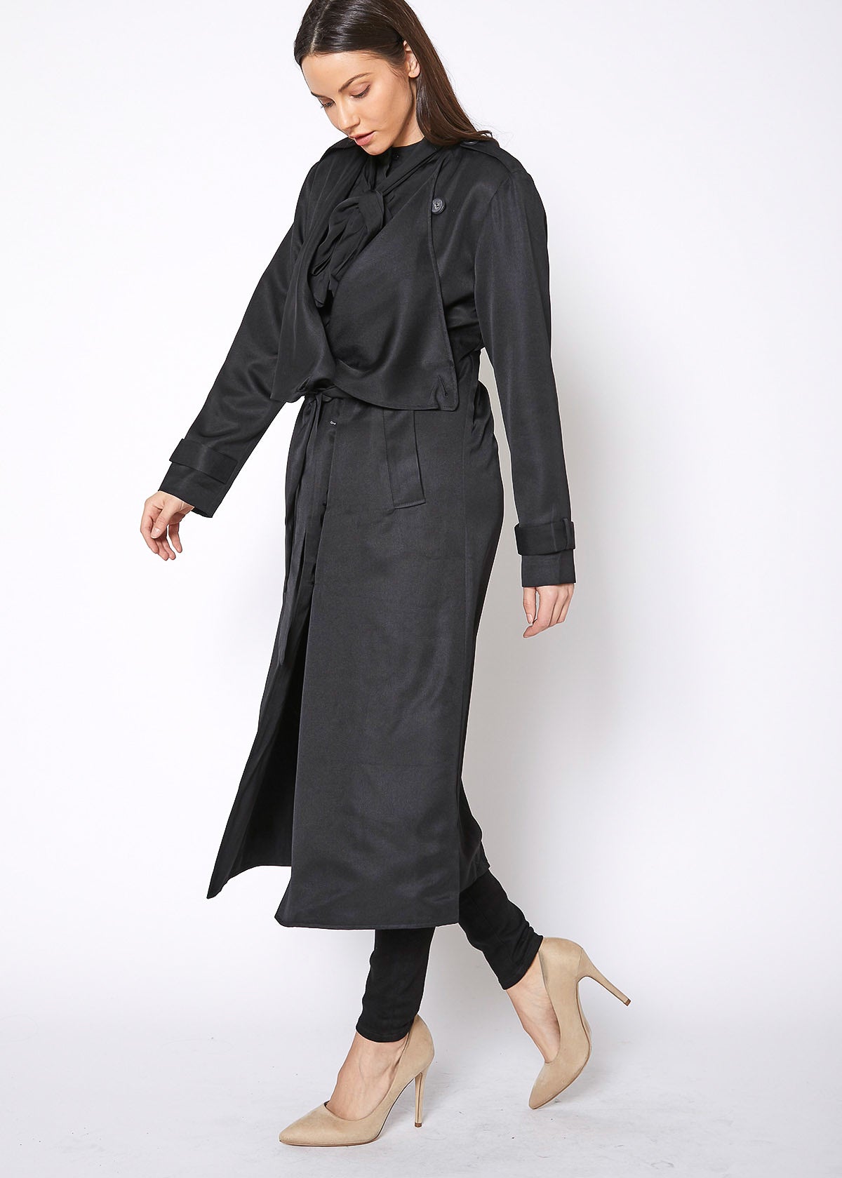 Women's Tie Waist Maxi Trench Coat-Lemon Hera-L-Black-Urbanheer